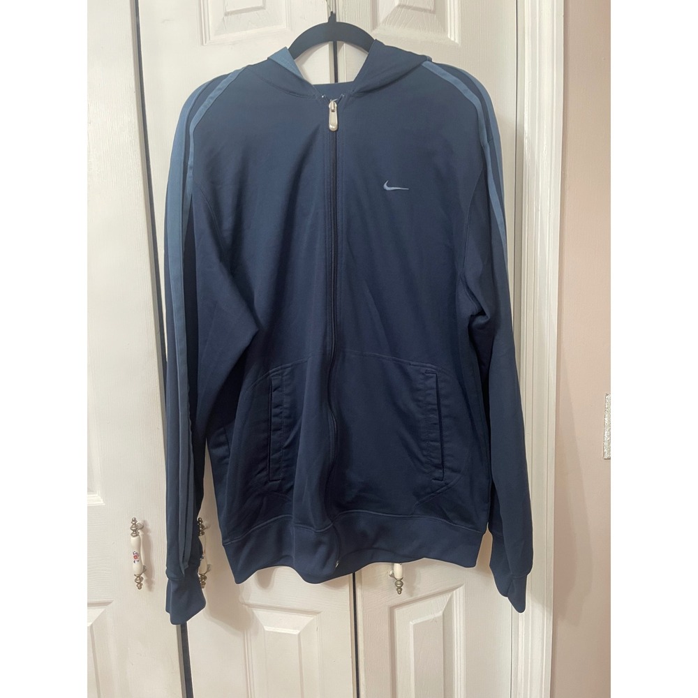 vintage navy blue Nike full-zip hooded track jacket featuring contrast stripes L